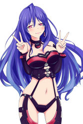 Rule 34 | 10s, 1girl, artist request, bare shoulders, black bodysuit, black detached sleeves, blue hair, blush, bodysuit, breasts, cleavage, cowboy shot, detached sleeves, double v, earrings, female focus, hair between eyes, highres, iris heart, jewelry, large breasts, lips, long hair, looking at viewer, midriff, navel, neck, neptune (series), power symbol, purple hair, pururut, red background, red eyes, revealing clothes, simple background, single earring, smile, solo, stomach, symbol-shaped pupils, v, very long hair