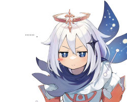 Rule 34 | ..., 1girl, :&lt;, blue eyes, blush stickers, cape, capelet, dress, frown, furrowed brow, genshin impact, hair between eyes, hair ornament, halo, highres, looking at viewer, paimon (genshin impact), sharpheon, short hair, simple background, white background, white dress, white hair