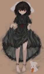 Rule 34 | 1girl, absurdres, alternate costume, animal ears, bags under eyes, barefoot, black dress, black hair, brown background, closed mouth, clothes lift, commentary, dress, dress lift, floppy ears, frilled sleeves, frills, frown, highres, inaba tewi, lifting own clothes, looking at viewer, medium hair, puffy short sleeves, puffy sleeves, rabbit ears, rabbit girl, red eyes, reverinth, ribbon-trimmed dress, short sleeves, simple background, solo, standing, touhou, upturned eyes, wavy hair