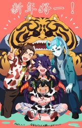 Rule 34 | 5boys, animal ears, animal print, aqua coat, aqua horns, black footwear, blue eyes, blush, brown footwear, cat boy, cat ears, child, chinese zodiac, closed eyes, coat, cow print, dated, fengxi (the legend of luoxiaohei), grey sweater, horns, jewelry, looking at viewer, luo xiaohei, luo xiaohei (human), luo xiaohei zhanji, luozhu (the legend of luoxiaohei), multiple boys, necklace, new year, open mouth, pants, pink background, pointy ears, shakunage1, shoes, sitting, sitting on lap, sitting on person, smile, sweater, tianhu (the legend of luoxiaohei), torn clothes, torn pants, v, xuhuai (the legend of luoxiaohei), year of the ox