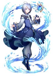 Rule 34 | 1girl, androgynous, blue eyes, blue hair, cloak, earrings, highres, jewelry, kelinch1, long sleeves, looking at viewer, magic, maha5, maha5japan, minatoe yomina, necklace, official art, orb, outstretched hand, pale skin, simple background, virtual youtuber, water, white background