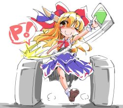 Rule 34 | 1girl, belt, blue skirt, bow, card, full body, hair bow, horn ornament, horn ribbon, horns, ibuki suika, long hair, looking at viewer, motion lines, one eye closed, orange hair, outstretched arms, pun, red eyes, ribbon, running, shinapuu, shirt, skirt, sleeveless, sleeveless shirt, smile, solo, suica, touhou, turnstile, white background, white shirt, wrist cuffs