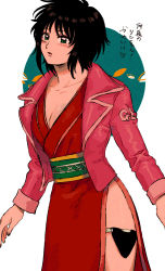 Rule 34 | 1girl, black hair, blush, breasts, cleavage, commentary, commentary request, dress, eyebrows hidden by hair, green eyes, highres, jacket, open clothes, open jacket, open mouth, parted lips, pink jacket, pouch, red dress, rin (toriko), short hair, simple background, solo, standing, thigh pouch, toriko (series), translation request, xxharomikanxx