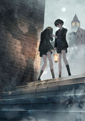 Rule 34 | 2boys, black hair, black jacket, black shorts, black socks, brick wall, clock, clock tower, closed mouth, collared shirt, commentary request, different shadow, expressionless, full body, hand on another&#039;s arm, highres, holding, holding lantern, jacket, kyouichi, lantern, male focus, moon, multiple boys, necktie, original, red eyes, red necktie, shadow, shirt, short hair, shorts, socks, stairs, tower, white shirt