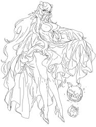 Rule 34 | 10s, 1girl, abyssal ship, breasts, cleavage, clothes lift, cosmic bear, covered mouth, dress, dress lift, eyelashes, from side, greyscale, high heels, horns, kantai collection, legs, long hair, long legs, looking at viewer, midway princess, monochrome, simple background, sketch, solo, teeth, very long hair, white background
