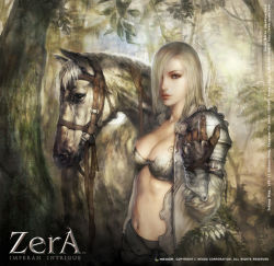 Rule 34 | 1girl, armor, blonde hair, breasts, cleavage, fantasy, gloves, hair over one eye, horse, large breasts, midriff, open clothes, open shirt, outdoors, pauldrons, realistic, reins, shirt, shoulder armor, shoulder pads, solo, zera
