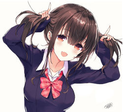 Rule 34 | 1girl, :d, arms up, blush, bow, breasts, brown eyes, brown hair, bunching hair, collarbone, collared shirt, dress shirt, fangs, long hair, long sleeves, looking at viewer, medium breasts, open mouth, original, pink bow, purple sweater, sanbasou, school uniform, shirt, sidelocks, signature, simple background, sleeves past wrists, smile, solo, sweater, twintails, upper body, white shirt