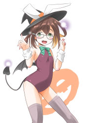 Rule 34 | 1girl, absurdres, animal ears, bat wings, black hair, black hat, brown leotard, commentary request, demon tail, demon wings, fangs, flat chest, glasses, green eyes, green neckwear, grey-framed eyewear, grey thighhighs, hat, heattech leotard, highres, kantai collection, leotard, looking at viewer, multicolored hair, okinami (kancolle), one-hour drawing challenge, pink hair, rabbit ears, short hair, solo, standing, tail, taisinkoku, thighhighs, turtleneck, white background, wings, witch hat