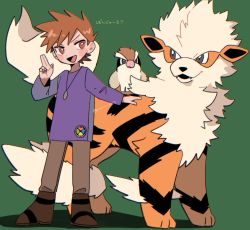 Rule 34 | 1boy, arcanine, bird, blouse, blue oak, boots, bright pupils, brown eyes, brown footwear, brown hair, brown pants, commentary request, creatures (company), game freak, gen 1 pokemon, hand up, highres, long shirt, long sleeves, male focus, momotose (hzuu xh4), nintendo, pants, pidgey, pokemon, pokemon (creature), pokemon rgby, purple shirt, shirt, short hair, spiked hair, standing, translated, white pupils