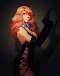 Rule 34 | 1girl, absurdres, alternate costume, black dress, breasts, choker, cleavage, commentary, commission, cross-laced clothes, dress, earrings, elbow gloves, feather earrings, feathers, gloves, gun, handgun, highres, holding, holding gun, holding weapon, hololive, hololive english, iskaydi, jewelry, necklace, orange hair, pearl necklace, shadow, sig p228/p229, solo, suppressor, takanashi kiara, virtual youtuber, wavy hair, weapon
