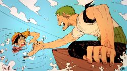 Rule 34 | 2boys, dam (okdam3), grabbing, green hair, haramaki, hat, highres, holding hands, male focus, monkey d. luffy, multiple boys, ocean, one piece, open mouth, outdoors, pulling, roronoa zoro, short sleeves