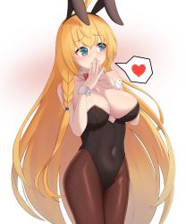 Rule 34 | 1girl, ahoge, alternate costume, animal ears, baek hyang&#039;geum, black leotard, black pantyhose, blue eyes, bow, bowtie, breasts, commentary, covered navel, cowboy shot, detached collar, heart, highres, large breasts, leotard, long hair, orange hair, pantyhose, pecorine (princess connect!), playboy bunny, princess connect!, rabbit ears, red bow, red bowtie, simple background, solo, spoken heart, steepled fingers, strapless, strapless leotard, white background, wrist cuffs