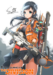 Rule 34 | 1girl, ace (playing card), ace of spades, assault rifle, bandaid, beanie, black hair, bolt action, breasts, card, cleavage, commentary, fn scar, gas mask, gloves, green eyes, gun, gun sling, hat, highres, insignia, large breasts, long hair, looking to the side, magazine (weapon), mask, muzzle device, original, playing card, rifle, scope, serious, signature, skirt, slumcat, solo, spade (shape), tom clancy&#039;s the division, watch, weapon, wristwatch