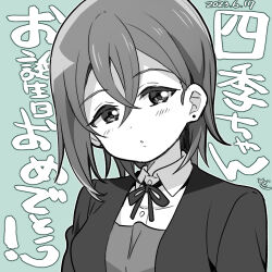 Rule 34 | 1girl, birthday, commentary, dated, earrings, green background, greyscale with colored background, jewelry, looking at viewer, love live!, love live! superstar!!, lowres, mezashi (mezamashi set), school uniform, short hair, signature, solo, translation request, upper body, wakana shiki, yuigaoka school uniform
