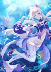 Rule 34 | 1girl, :d, blunt bangs, blurry, choker, commentary request, depth of field, detached sleeves, fish, genshin impact, gradient hair, hair ornament, highres, jellyfish, long hair, long sleeves, looking at viewer, low twintails, multicolored hair, navel, nontraditional miko, ocean, open mouth, pink hair, purple eyes, raramente, sangonomiya kokomi, short shorts, shorts, sidelocks, smile, stomach, sunlight, swimming, thighhighs, twintails, underwater, white thighhighs, wide sleeves, zettai ryouiki