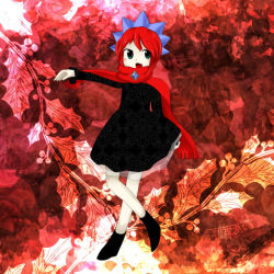 Rule 34 | 1girl, double dealing character, dress, female focus, green eyes, jewelry, kiribu mekki, crossed legs, open mouth, outstretched arm, red hair, revision, scarf, sekibanki, sitting, skirt, solo, thighhighs, touhou, zun (style)