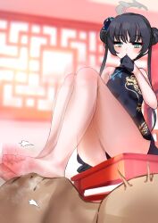 Rule 34 | 1boy, 1girl, balding, barefoot, black hair, blue archive, chair, chinese clothes, double bun, faceless, faceless male, feet, hair bun, kisaki (blue archive), light blush, long hair, panties, pantyshot, parted lips, soles, steam, toes, twintails, underwear