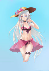 Rule 34 | 1girl, absurdres, arm behind back, bikini, black bikini, black choker, blue background, blue eyes, bow, braid, breasts, choker, cleavage, closed mouth, collarbone, cropped legs, floating hair, gluteal fold, hair between eyes, hair bow, hat, hat bow, highres, ia (vocaloid), long hair, maboroshi hane, navel, pink bow, red bow, sarong, silver hair, simple background, small breasts, solo, standing, straw hat, sun hat, swimsuit, thigh gap, thigh strap, very long hair, vocaloid