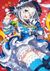 Rule 34 | 1girl, ;d, absurdres, animal ears, artist name, bare shoulders, blue eyes, bow, rabbit ears, rabbit tail, detached sleeves, dress, eyelashes, frills, gloves, hat, highres, holding, holding pen, mika pikazo, one eye closed, open mouth, original, pen, silver hair, single glove, smile, solo, tail, thighhighs