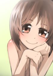 Rule 34 | 10s, 1girl, artist request, blush, brown eyes, brown hair, commentary request, girls und panzer, gradient background, hand on own cheek, hand on own chin, hand on own face, hand on own wrist, highres, looking at viewer, nishizumi miho, nude, short hair, smile, solo, upper body