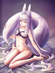 Rule 34 | 1girl, animal ear fluff, animal ears, bad id, bad twitter id, barefoot, bottomless, collarbone, fox ears, fox tail, frills, highres, kazuki seihou, long hair, looking at viewer, navel, original, parted lips, see-through, silver hair, sitting, solo, stomach, tail, tail raised, thighs, wariza, yellow eyes