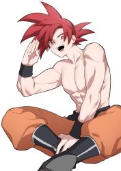 Rule 34 | 1boy, abs, dragon ball, dragon ball super, full body, highres, kkkkkirrier, looking at viewer, male focus, muscular, muscular male, no nipples, red eyes, red hair, short hair, sitting, solo, son goku, spiked hair, stomach, super saiyan, super saiyan god, topless male, waving