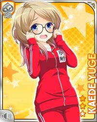 Rule 34 | 1girl, blonde hair, blue eyes, card, character name, girlfriend (kari), glasses, jacket, official art, open mouth, pants, qp:flapper, red jacket, screaming, solo, tagme, track suit, yellow background, yuge kaede