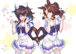 Rule 34 | 2girls, :d, animal ears, beamed eighth notes, beamed sixteenth notes, blue eyes, blue hair, blush, brown hair, closed eyes, commentary request, cowboy shot, daitaku helios (umamusume), ear covers, eighth note, fang, frilled skirt, frills, grin, hair ornament, hairclip, heart, horse ears, horse girl, horse tail, long hair, looking at another, mejiro palmer (umamusume), moeki yuuta, multicolored hair, multiple girls, musical note, one eye closed, open mouth, pleated skirt, ponytail, ringlets, school uniform, skin fang, skirt, smile, star (symbol), streaked hair, summer uniform, tail, thighhighs, tracen school uniform, umamusume, white background, white hair, white skirt, zettai ryouiki