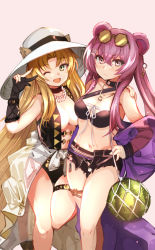 Rule 34 | 2girls, ;d, arknights, bare shoulders, bikini, black bikini, black gloves, black shorts, blonde hair, breasts, brown eyes, cleavage, closed mouth, ears through headwear, elbow gloves, food, fruit, gloves, green eyes, hair between eyes, haku (grimjin), hand on another&#039;s shoulder, hand up, hat, highres, jacket, lin (arknights), long hair, medium breasts, multiple girls, navel, net, off shoulder, official alternate costume, one eye closed, open clothes, open fly, open mouth, open shorts, parted bangs, partially fingerless gloves, pink background, purple hair, purple jacket, see-through, short shorts, shorts, simple background, smile, standing, standing on one leg, sun hat, swimsuit, swire (arknights), very long hair, w, watermelon, white headwear
