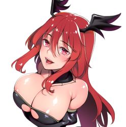 Rule 34 | 1girl, :d, black gloves, blush, breasts, bright pupils, cleavage, detached collar, elbow gloves, gloves, h kasei, hair between eyes, head wings, heart, heart-shaped pupils, large breasts, long hair, looking at viewer, open mouth, original, red eyes, red hair, simple background, smile, solo, symbol-shaped pupils, upper body, white background, wings