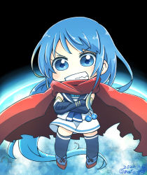 Rule 34 | 1girl, aoba (akibajun), blue eyes, blue hair, cape, chibi, crossed arms, dated, elbow gloves, full body, gloves, grin, highres, kantai collection, long hair, name connection, red cape, samidare (kancolle), school uniform, serafuku, smile, solo, thighhighs, twitter username, very long hair, zettai ryouiki