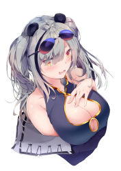 Rule 34 | 1girl, absurdres, animal ears, arknights, bare shoulders, black dress, black hair, blush, breasts, chinese commentary, cleavage, cleavage cutout, clothing cutout, commentary request, cropped torso, dress, eyewear on head, fang, feater (arknights), grey hair, hand on own chest, highres, huoyunxieshen, large breasts, long hair, looking at viewer, multicolored hair, open mouth, orange eyes, panda ears, partial commentary, simple background, skin fang, sleeveless, sleeveless dress, solo, streaked hair, sunglasses, sunglasses on head, twintails, upper body, white background
