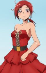 Rule 34 | 10s, 1girl, bad id, bad pixiv id, bare shoulders, blue background, blush, breasts, bustier, cleavage, corset, dress, eyelashes, hino akane (smile precure!), oimanji, precure, red dress, red eyes, red hair, short hair, smile precure!, solo