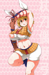 Rule 34 | 1girl, animal ears, armpits, blonde hair, blunt bangs, blush, breasts, foot out of frame, haniwa (statue), huge breasts, joutouguu mayumi, midriff, navel, nipples, pink background, short hair, simple background, solo, standing, standing on one leg, sugiura, sweat, thick thighs, thighs, torn clothes, touhou