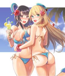 Rule 34 | 10s, 2girls, absurdres, alternate costume, ass, atago (kancolle), bare arms, bare shoulders, bikini, black hair, blonde hair, blue bikini, blush, breast press, breasts, butt crack, cowboy shot, flower, from behind, green hair, hair flower, hair ornament, halterneck, hands on own hips, hibiscus, highres, kantai collection, kitazawa (embers), large breasts, long hair, looking at viewer, looking down, midriff, multiple girls, open mouth, palm tree, red eyes, red flower, red rose, revision, rose, shiny skin, short hair, skindentation, standing, standing on one leg, stomach, string bikini, swimsuit, symmetrical docking, takao (kancolle), thigh gap, thighs, tree, wavy mouth