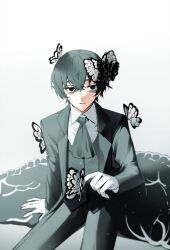 Rule 34 | 1boy, absurdres, animal print, ascot, black ascot, black eyes, black hair, black jacket, black pants, butterfly hair ornament, butterfly print, collared shirt, e.g.o (project moon), gloves, hair ornament, hi i dubu, highres, jacket, limbus company, long sleeves, looking at viewer, male focus, pants, parted lips, project moon, shirt, simple background, sitting, solo, white background, white gloves, white shirt, wing collar, yi sang (project moon)