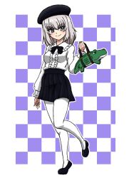 Rule 34 | 1girl, alligator, bag, beret, black bow, black bowtie, black footwear, black hat, black skirt, blue eyes, bow, bowtie, casual, center frills, checkered background, closed mouth, collared shirt, commentary, crocodilian, flats, frills, girls und panzer, grey hair, hat, holding, holding bag, itsumi erika, long sleeves, looking at viewer, medium hair, miniskirt, outline, pantyhose, pleated skirt, purple background, shirt, skirt, smile, solo, standing, standing on one leg, takahashi kurage, textless version, white outline, white pantyhose