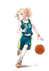 Rule 34 | 10s, 1girl, alternate costume, ball, bare arms, basketball, basketball (object), basketball uniform, blonde hair, dribbling (basketball), girls und panzer, green eyes, kay (girls und panzer), looking to the side, midriff, motion lines, navel, ponytail, shoes, simple background, sketch, smile, sneakers, solo, soramame (corndog), sportswear, white background, wristband