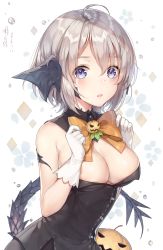 Rule 34 | 1girl, ahoge, argyle, argyle background, argyle clothes, au ra, ayuanlv, bare shoulders, black dress, blue eyes, blush, bow, bowtie, breasts, buttons, cleavage, dated, detached collar, dragon girl, dragon horns, dragon tail, dress, final fantasy, final fantasy xiv, floral background, gloves, halloween costume, hands up, highres, horns, jack-o&#039;-lantern, lace, lace-trimmed gloves, lace trim, large breasts, leaning forward, looking at viewer, orange bow, orange bowtie, parted lips, short hair, silver hair, simple background, solo, strapless, strapless dress, tail, upper body, water drop, white gloves