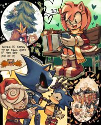 Rule 34 | 2boys, 4girls, 9474s0ul, amy rose, animal ears, animal nose, bench, blush, boots, box, chao (sonic), character doll, cheese (sonic), christmas, christmas lights, closed mouth, commentary, cream the rabbit, doll, dr. eggman, dress, e-123 omega, english text, facial hair, furry, furry female, furry male, gemerl, gift, gift box, gloves, green eyes, hairband, hat, heart, highres, holding, holding doll, holding phone, korean commentary, long sleeves, looking at another, meme, metal sonic, multiple boys, multiple girls, mustache, open mouth, phone, rabbit girl, red eyes, red footwear, red hairband, red headwear, rouge the bat, sage (sonic), santa hat, scarf, shadow the hedgehog, short hair, sitting, smile, sonic (series), sonic the hedgehog, speech bubble, spoken character, spongebob squarepants (series), standing, tree, white gloves, white hair, winter clothes, yellow scarf