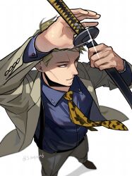 Rule 34 | 1boy, animal print, blonde hair, blue shirt, brown eyes, buttoned cuffs, buttons, collared shirt, foot out of frame, formal, from above, grey pants, grey suit, holding, holding sword, holding weapon, jujutsu kaisen, leopard print, long sleeves, male focus, nanami kento, necktie, pants, sano maru, sheath, shirt, short hair, solo, standing, suit, suspenders, sword, weapon, white background, yellow necktie