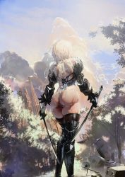 Rule 34 | 1girl, ass, black footwear, black gloves, black shirt, black thighhighs, boots, chain, clothing cutout, cloud, dual wielding, facing away, feather-trimmed sleeves, film grain, from behind, gloves, highres, holding, holding sword, holding weapon, juliet sleeves, katana, leotard, long sleeves, masaki (ekakiningen), nier (series), nier:automata, outside border, puffy sleeves, shiny clothes, shirt, short hair, silver hair, skindentation, solo, standing, sword, thigh boots, thighhighs, torn clothes, torn leotard, torn shirt, tree, weapon, white leotard, 2b (nier:automata)