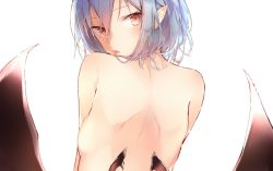 Rule 34 | 1girl, :p, bat wings, blue hair, blush, breasts, commentary request, from behind, hair between eyes, looking at viewer, looking back, no headwear, nude, pointy ears, red eyes, remilia scarlet, sakusyo, short hair, sidelocks, simple background, slit pupils, small breasts, solo, tongue, tongue out, touhou, upper body, white background, wings