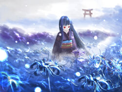 Rule 34 | 1girl, black hair, blue flower, blue spider lily, closed mouth, cloud, commentary request, enma ai, floral print, floral print kimono, flower, highres, hime cut, japanese clothes, jigoku shoujo, kimono, leukeamia, long hair, long sleeves, looking down, obi, red eyes, sash, sidelocks, solo, spider lily, torii, very long hair