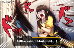 Rule 34 | 1girl, black hair, breasts, emphasis lines, english text, girls&#039; frontline, here&#039;s johnny! (meme), highres, holding, holding megaphone, jacket, large breasts, long hair, megaphone, meme, motion blur, multicolored hair, open mouth, parody, ro635 (girls&#039; frontline), scared, short sleeves, solo, streaked hair, surprised, tama yu, teeth, the shining, two-tone hair, white hair, yellow jacket