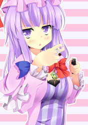 Rule 34 | 1girl, between breasts, blue bow, blunt bangs, blush, bow, breasts, cigarette, cigarette pack, cleavage, coat, commentary request, cookie (touhou), dress, frilled sleeves, frills, hair bow, hat, highres, holding, holding cigarette, holding lighter, lighter, long hair, long sleeves, looking at viewer, medium breasts, mob cap, open mouth, patchouli knowledge, pink background, pink coat, pink hat, purple dress, purple eyes, purple hair, red bow, solo, striped background, striped clothes, striped dress, szk, taisa (cookie), touhou, triangle mouth, upper body, vertical-striped clothes, vertical-striped dress, white background