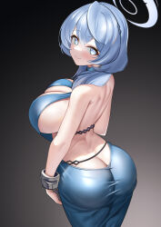 Rule 34 | 1girl, absurdres, ako (blue archive), ako (dress) (blue archive), ass, back, backless dress, backless outfit, bare shoulders, black background, blue archive, blue dress, blue eyes, blue hair, blue halo, breasts, butt crack, cleavage, closed mouth, commentary request, dark background, dress, earrings, from behind, gradient background, grey background, hairband, halo, highres, jewelry, jinpaitugounan, large breasts, looking at viewer, looking back, official alternate costume, sideboob, simple background, smile, solo