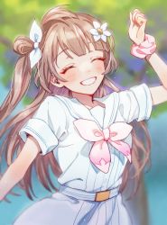 Rule 34 | 1girl, a song for you! you? you!, belt, blurry, blurry background, blush, brown hair, closed eyes, commentary request, flower, hair flower, hair ornament, hair ribbon, highres, io (sinking=carousel), long hair, love live!, love live! school idol project, minami kotori, one side up, open mouth, pink ribbon, pink scrunchie, ribbon, scrunchie, shirt, short sleeves, skirt, smile, solo, white belt, white ribbon, white shirt, white skirt, wrist scrunchie