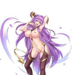 Rule 34 | 1girl, arm up, armpits, breasts, demon girl, finger to mouth, fishnets, floating hair, functionally nude, horns, large breasts, legs, long hair, looking at viewer, naughty face, nipples, open mouth, purple hair, pussy, red eyes, sacred sword princesses, solo, standing, tail, thighhighs, thighs, transparent background, uncensored, very long hair