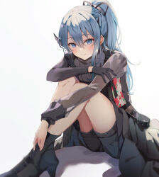 Rule 34 | 1girl, black gloves, blue eyes, blue hair, gloves, highres, hololive, hoshimachi suisei, long hair, long sleeves, looking at viewer, miakiuehashi, ponytail, single glove, sitting, smile, solo, virtual youtuber